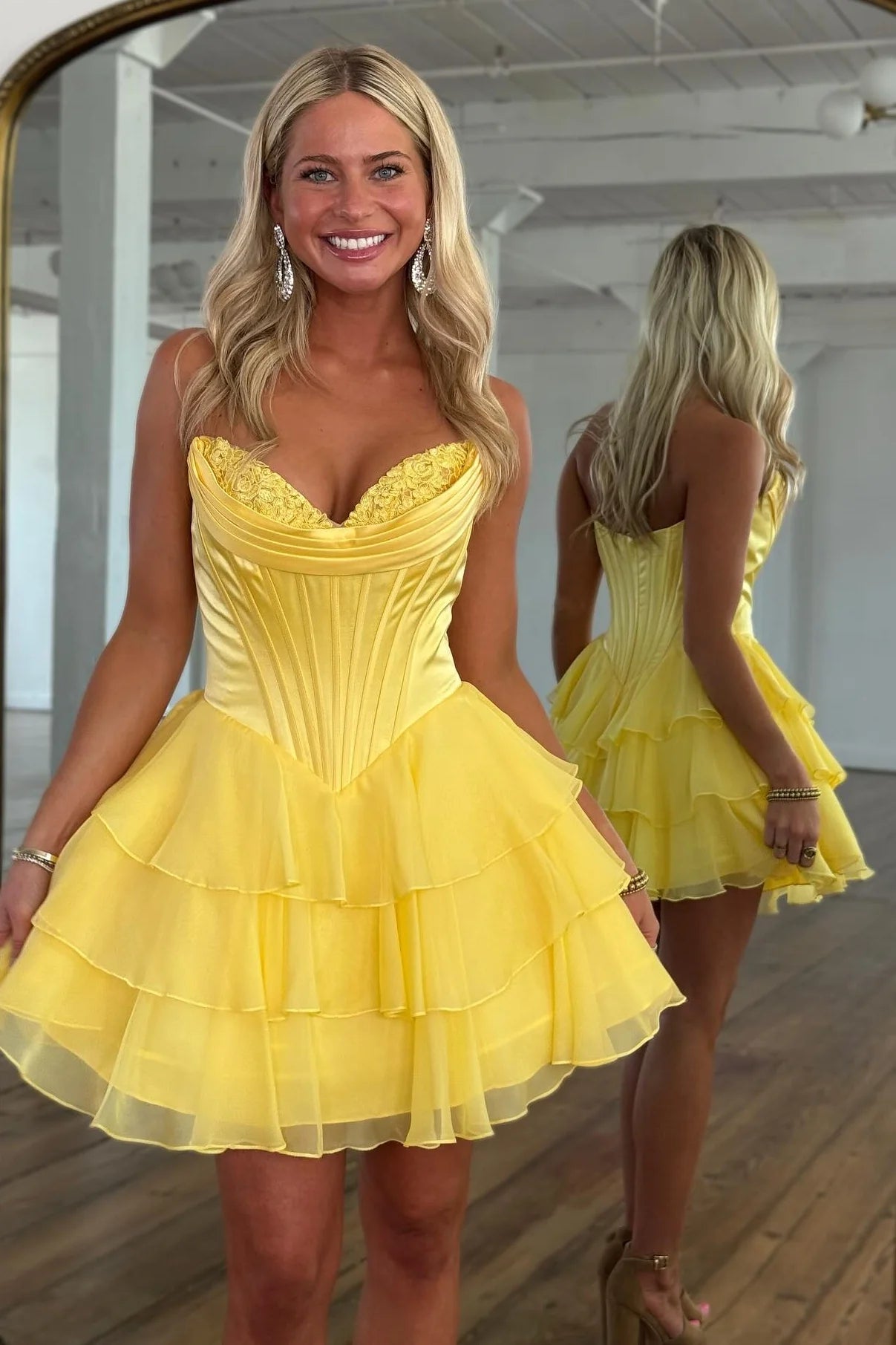 Gorgeous A Line Sweetheart Yellow Corset Homecoming Dress with Appliques Ruffles SH7536