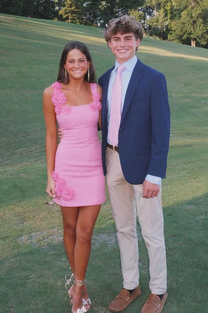 Gorgeous Sheath Square Neck Pink Short Homecoming Dress with 3D Flowers SH7461