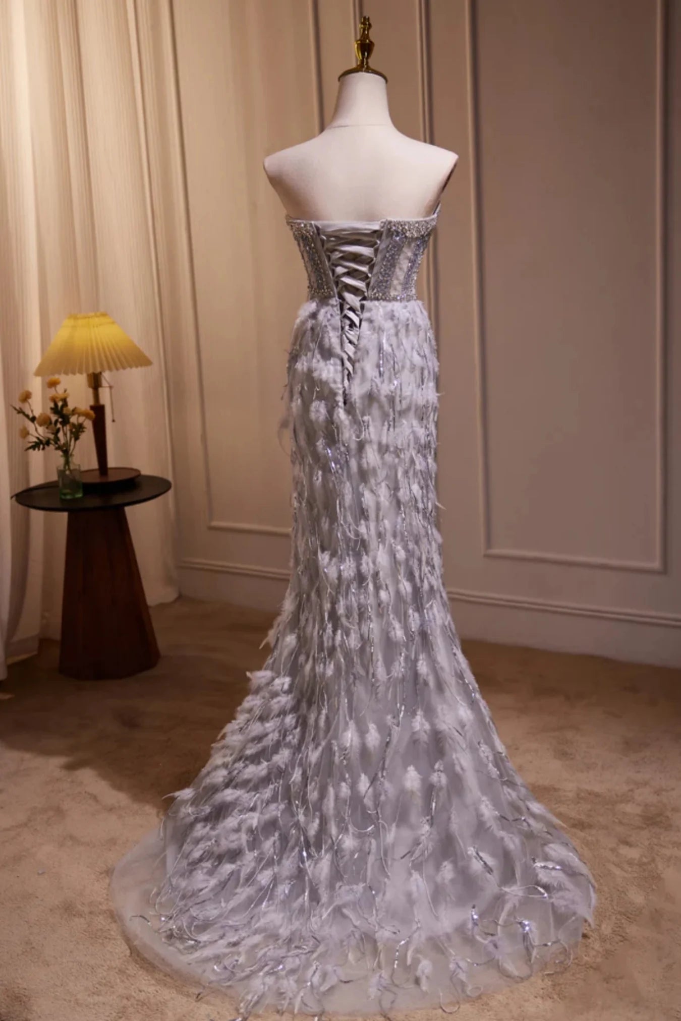 Grey Feather Mermaid Sweetheart Prom Dresses Sheer Beaded Bodice SH1708