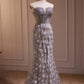 Grey Feather Mermaid Sweetheart Prom Dresses Sheer Beaded Bodice SH1708