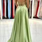 Simple A Line Green Satin Backless Long Prom Dresses Evening Dresses with Slit SH1711
