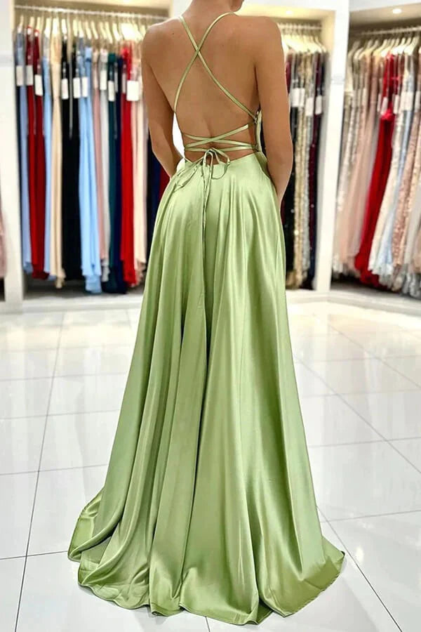 Simple A Line Green Satin Backless Long Prom Dresses Evening Dresses with Slit SH1711