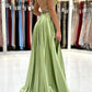 Simple A Line Green Satin Backless Long Prom Dresses Evening Dresses with Slit SH1711