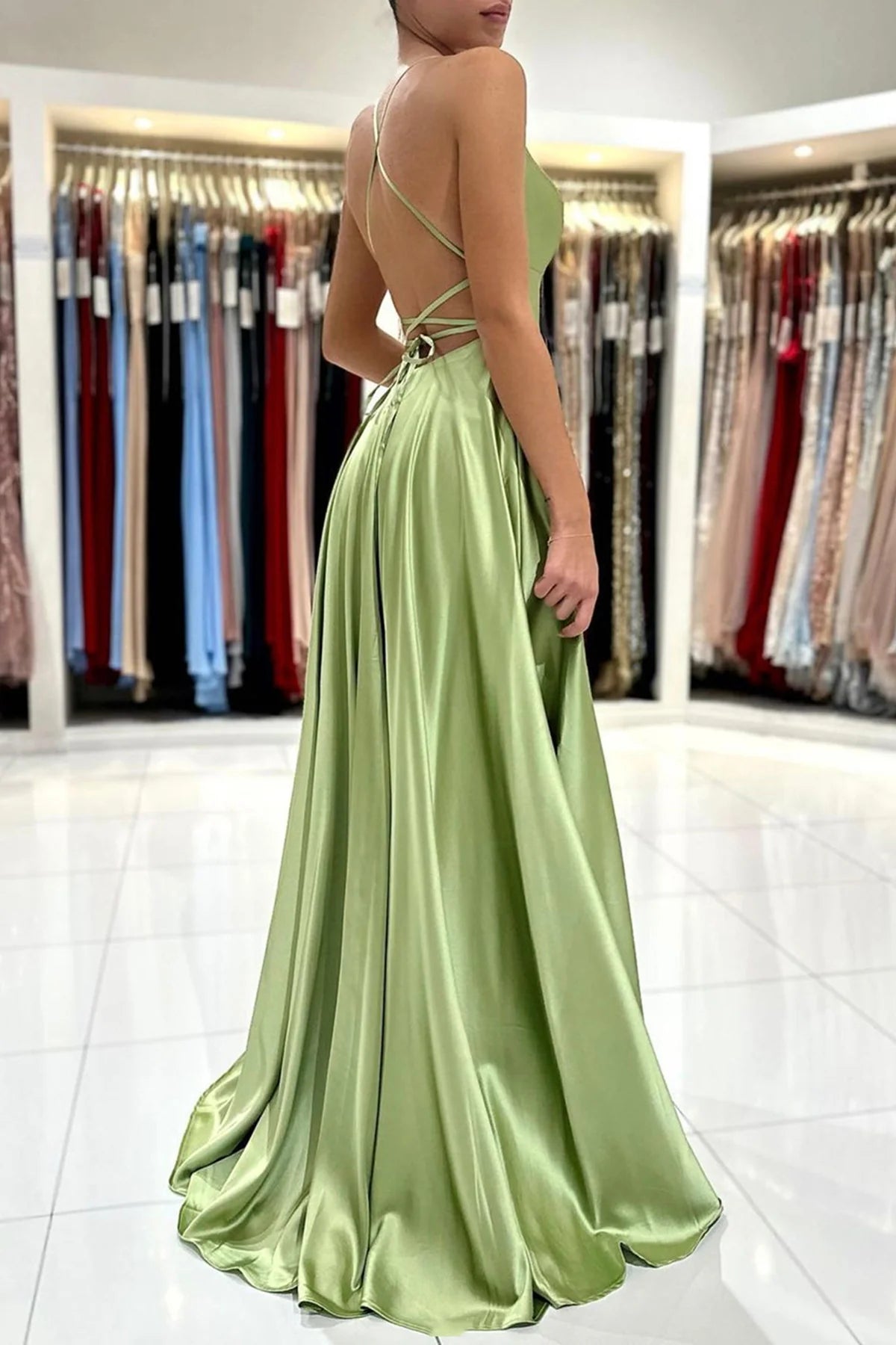 Simple A Line Green Satin Backless Long Prom Dresses Evening Dresses with Slit SH1711