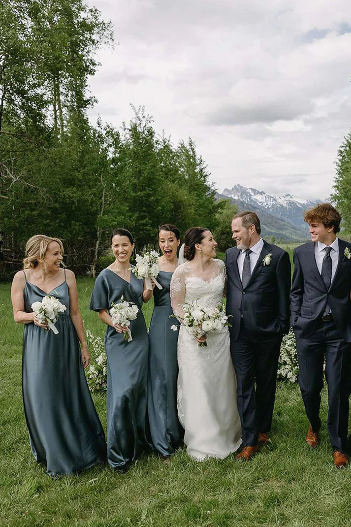 Grey Silk Satin Mismatched Elegant Long Bridesmaid Dresses SH5576