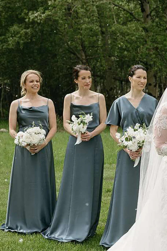 Grey Silk Satin Mismatched Elegant Long Bridesmaid Dresses SH5576