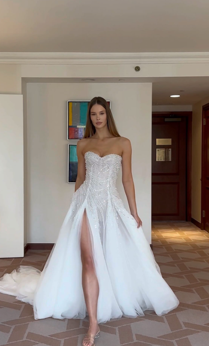 Dazzling A Line Strapless Pearl Sequin Beaded White Tulle Slit Wedding Dress SH6099