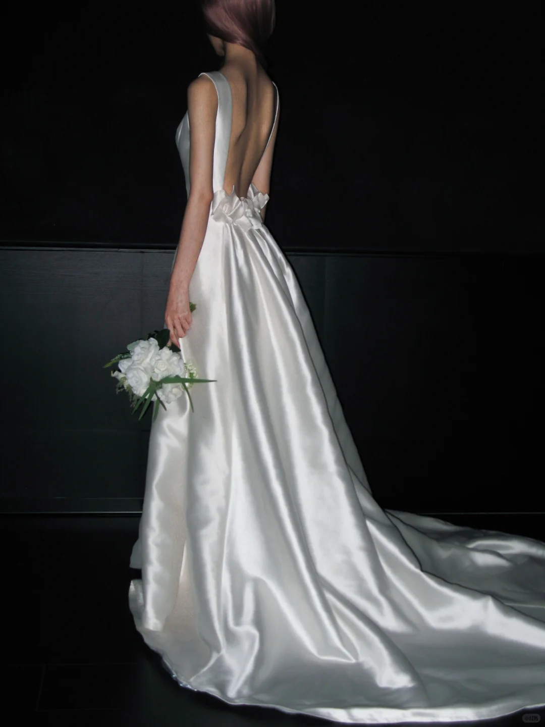 Simple Open Back A Line Round Neck White Satin Long Wedding Dress SH4715