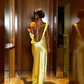 Yellow Sheath Column Open Back Satin Long Prom Dress Evening Dress SH1806