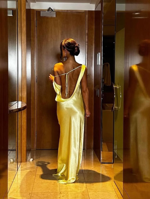 Yellow Sheath Column Open Back Satin Long Prom Dress Evening Dress SH1806