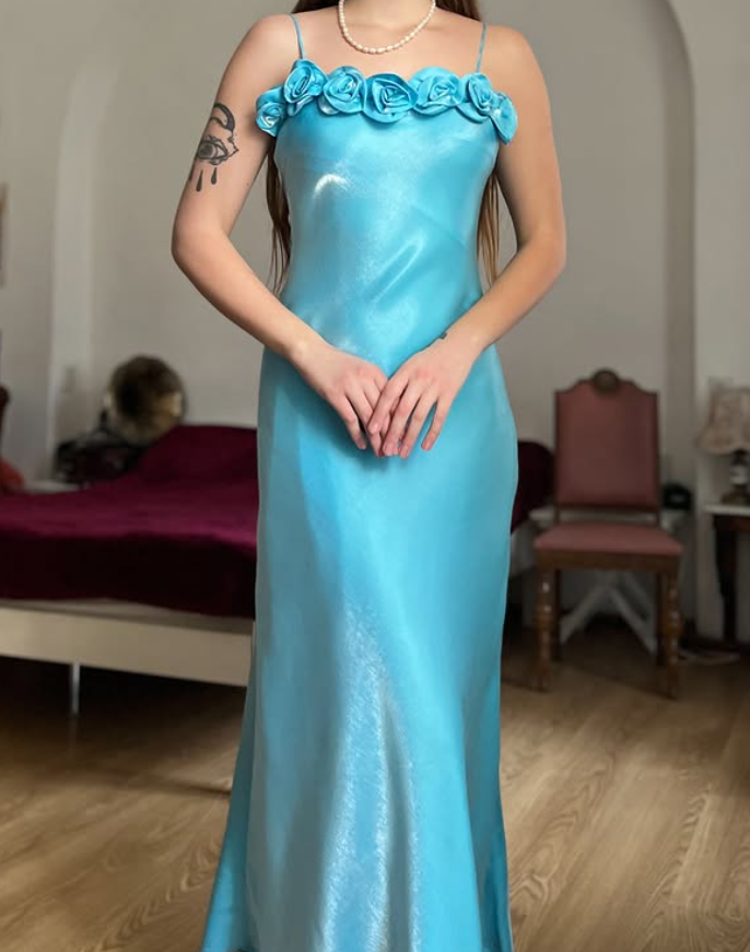 Dazzling Blue A Line Straps Floral Satin Prom Dress Evening Dress Date Dress SH5631