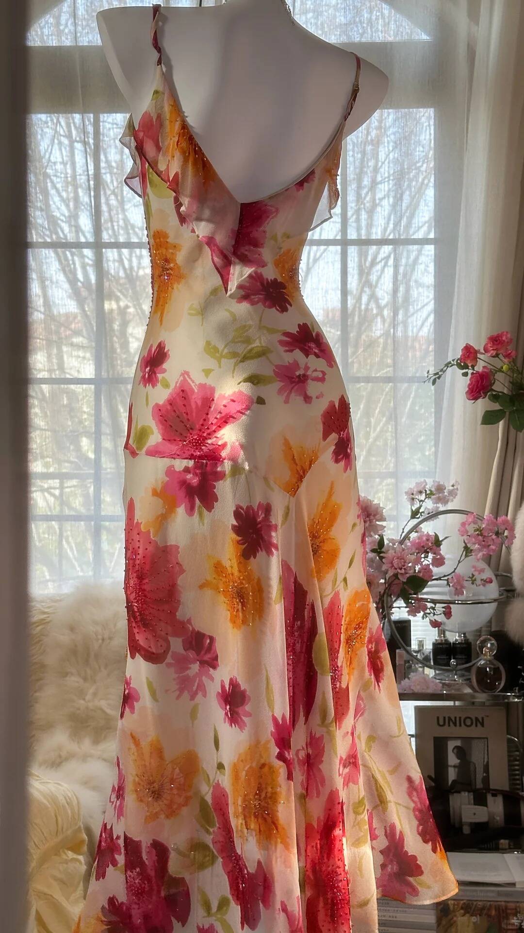 Flowy Merman Flowy Mermaid Spaghetti Strap Print Flower Beaded Chiffon Party Dress ...