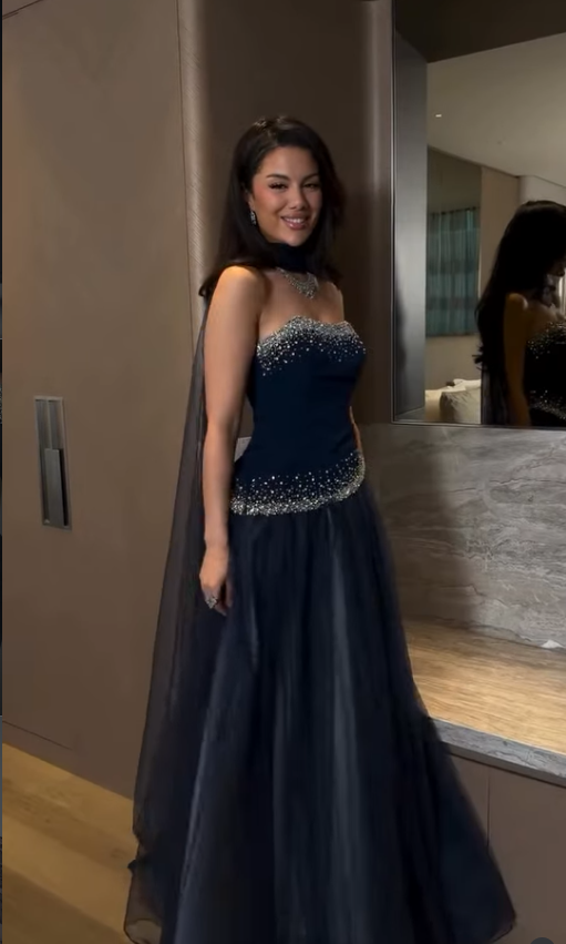 Elegant Navy Blue A Line Strapless Beaded Tulle Prom Dress Wedding Guest Dress SH5389