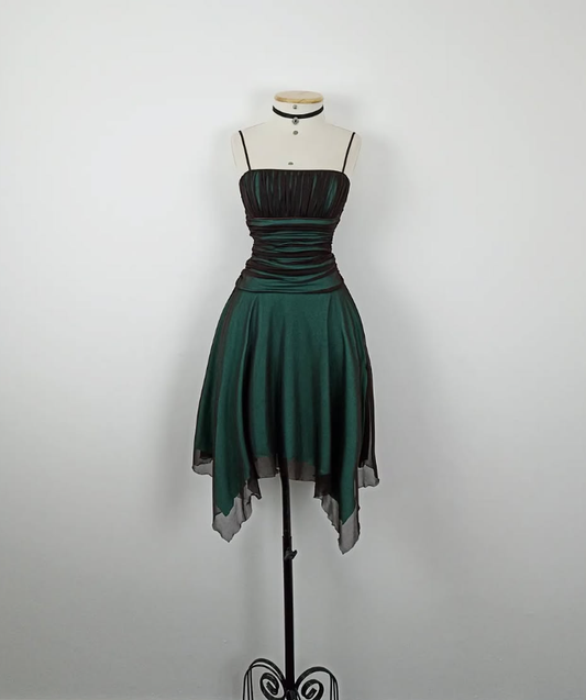 Retro A Line Spaghetti Strap Pleated Black Chiffon Green Satin Homecoming Dress SH3166
