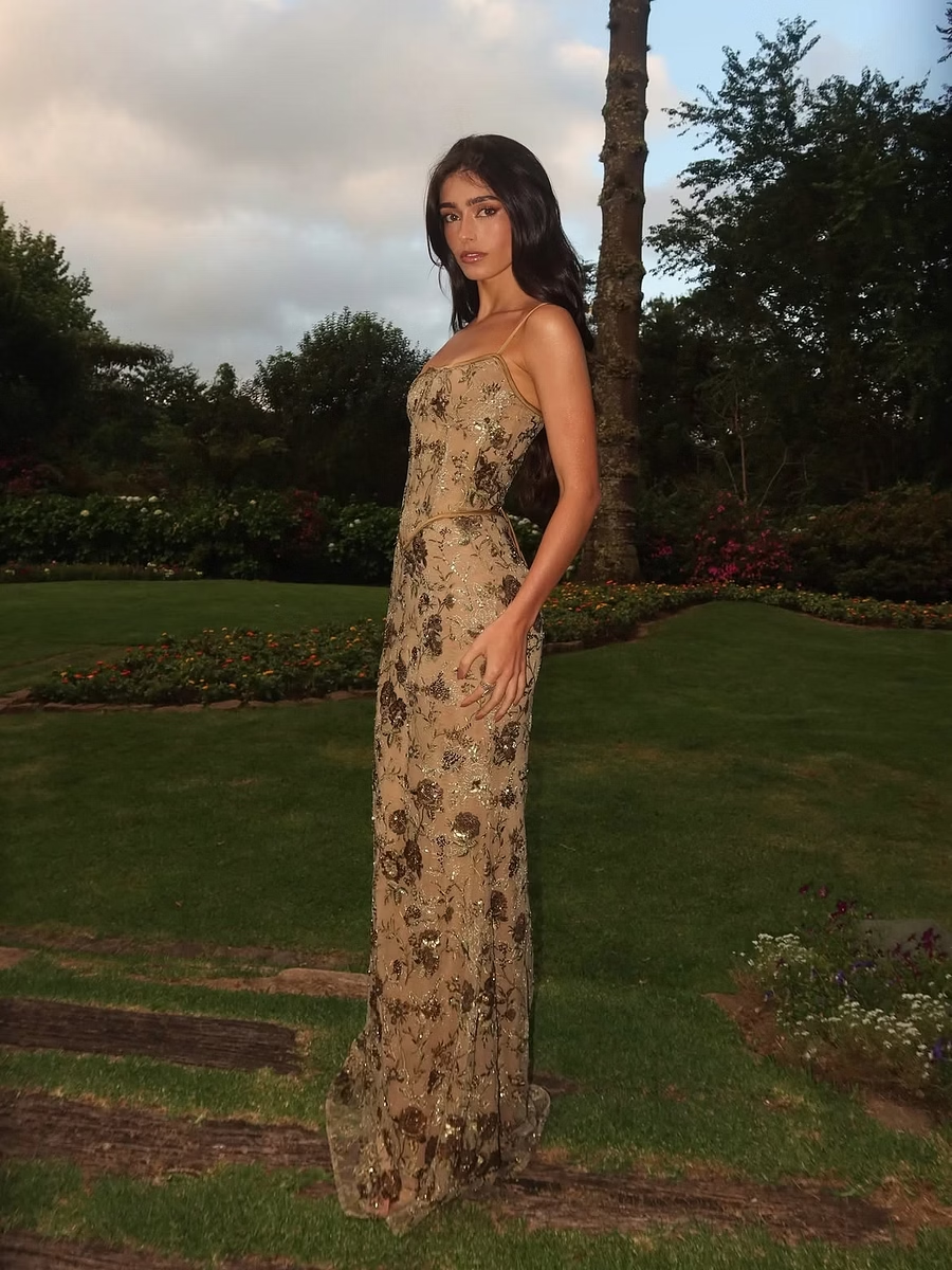 Glod-brown Spaghetti Straps Long Mermaid Prom Dress With Sequins And Embroidery Appliques SH8532