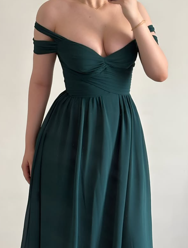 Vinatage Elegant A Line Off the Shoulder Dark Green Satin Long Prom Dress Evening Dress SH6869