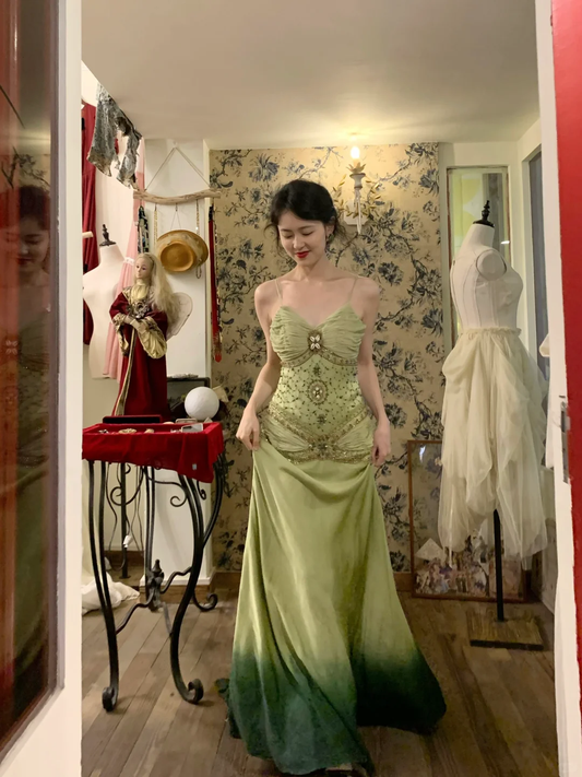 Vintage Green Ombre A Line Spaghetti Straps Beaded Satin Prom Dress 16th Birthday Dress SH4401