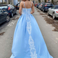 Light Blue Spaghetti Strapless Satin Lace Long Prom Dress,Elegant Evening Dresses SH854