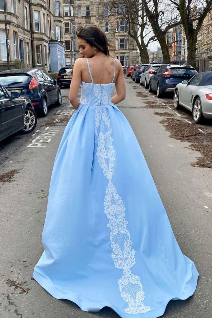 Light Blue Spaghetti Strapless Satin Lace Long Prom Dress,Elegant Evening Dresses SH854