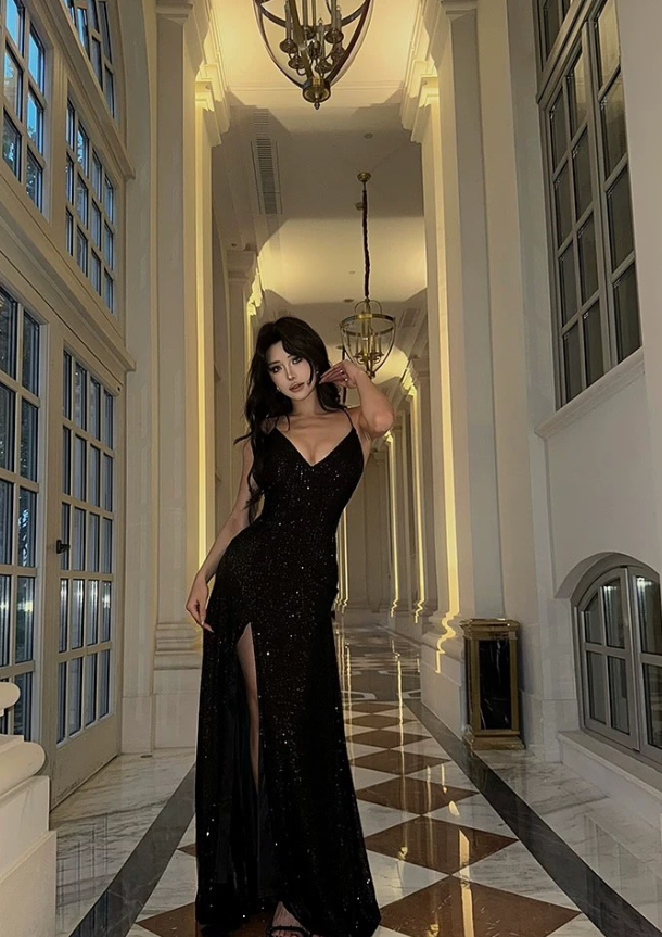 Shiny Sexy Black A Line Straps Layered Sequin Prom Dress with Slit SH5224