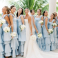 Baby Blue Mermaid Straps Tiered Satin Prom Dress Bridesmaid Dress SH2606