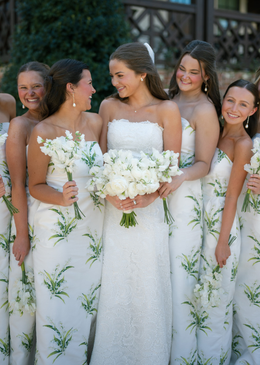 Pretty A Line Strapless Print Floral White Satin Long Bridesmaid Dress SH6307