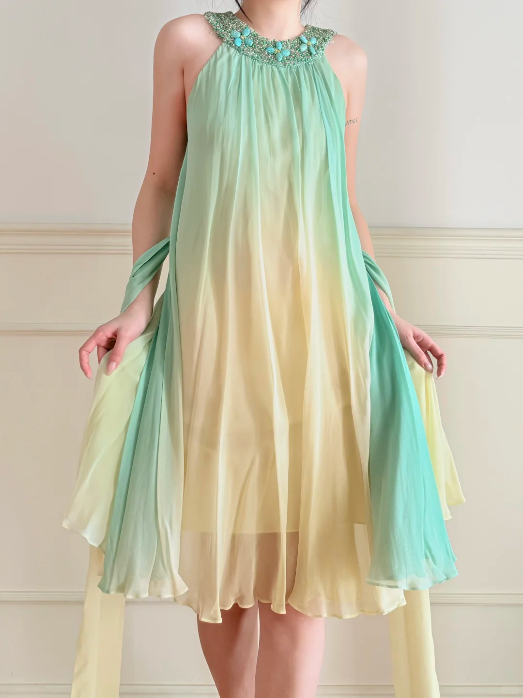 Vintage Yellow Green Ombre Beaded Chiffon Knee Length Wedding Guest Dress Prom Dress SH5442