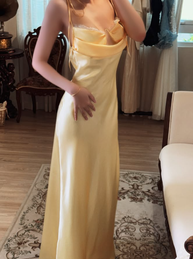 Yellow A Line Spaghetti Strap Lace Satin Prom Dress Evening Dress SH8784