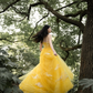Yellow A Line Strapless White Appliques Tulle Long Prom Dress Party Dress SH4686