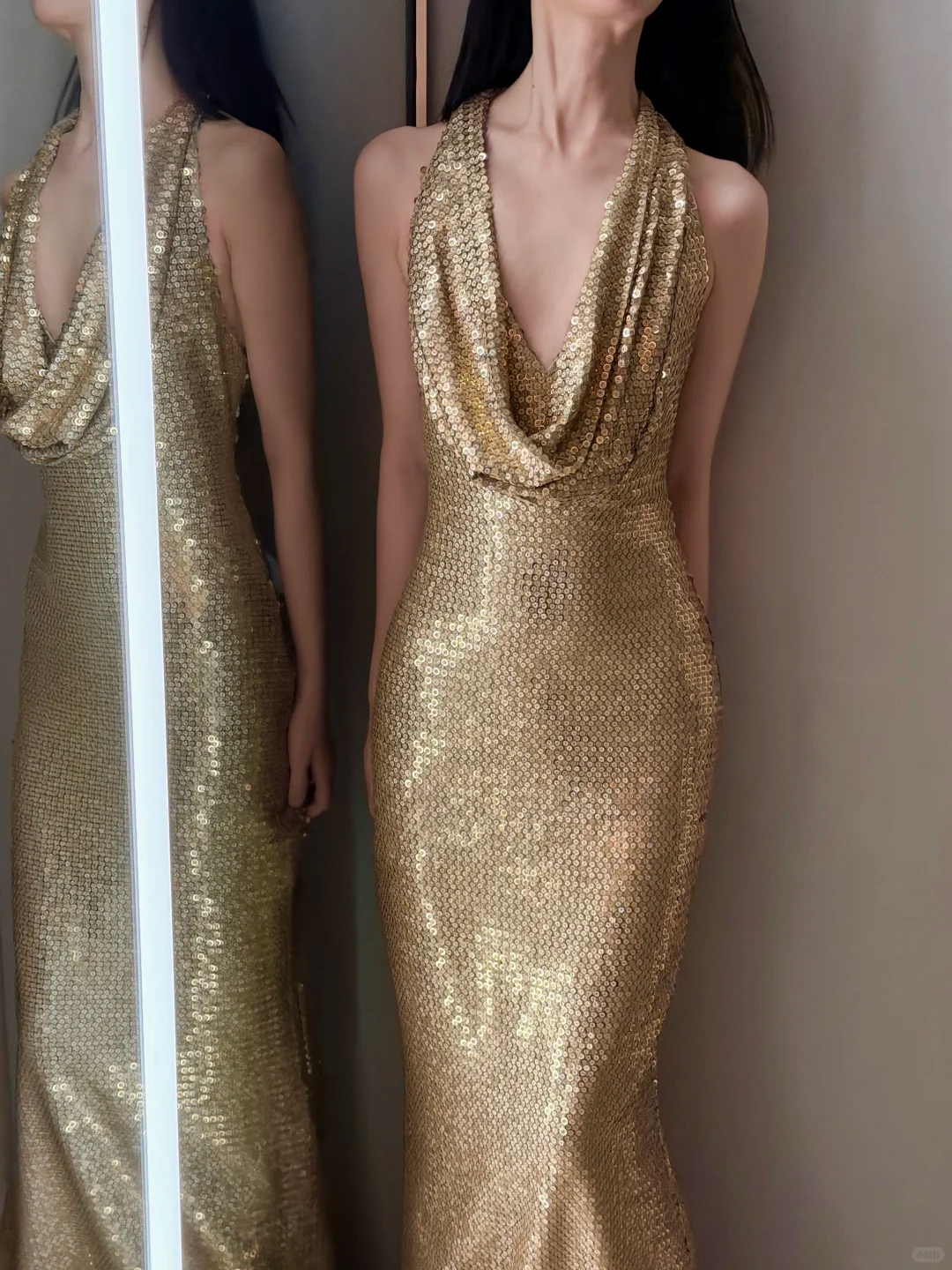 Shiny Gold Sheath Halter Sequin Long Prom Dress Wedding Guest Dress SH7712
