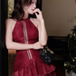 Sexy Burgundy A Line Halter Beaded Layered Satin Cocktail Dress Homecoming Dress SH6161