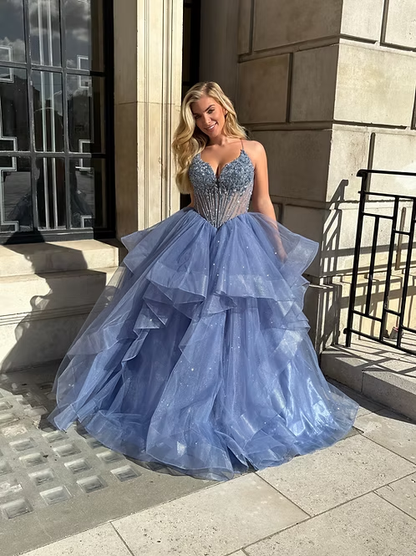 Blue A Line Spaghetti Strap Beaded Corset Ruffle Tulle Long Prom Dress Evening Dress SH8828