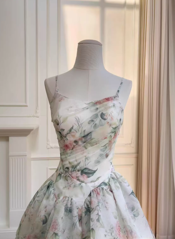 Print Floral A Line Straps Layered Chiffon Prom Dress Outfits SH5156