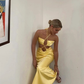 Unique Sheath Spaghetti Strap Yellow Satin Open Back Prom Dress Evening Dress SH2320