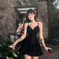 Sexy Black A Line Spaghetti Strap Satin Short Homecoming Dress Outfits SH5833