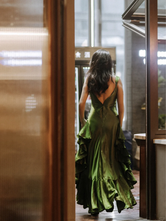 Unique Green A Line Spaghetti Strap Satin Prom Dress Evening Dress SH4208