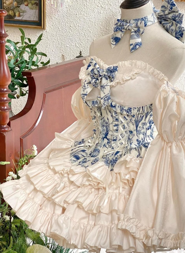 Cute Ball Gown Long Sleeve Print Floral Layered Satin Short Prom Dress Homecoming Dress SH6442
