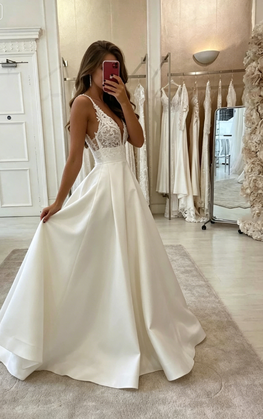 White v neck satin lace long prom dress evening dress A08