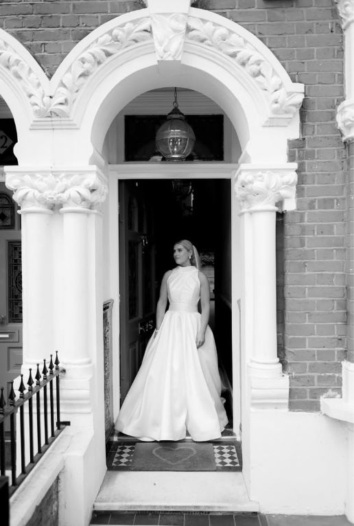 High-class A Line High Neck White Satin Long Wedding Dress SH8253