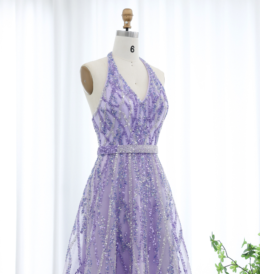 Lilac A Line V Neck Sequin Beaded Tulle Long Prom Dress Evening Dress SH2374