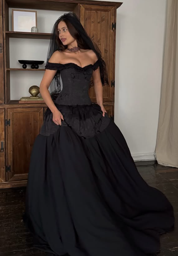 Black Ball Gown Off the Shoulder Satin Lace Prom Dress 16th Birthday Dress SH4658