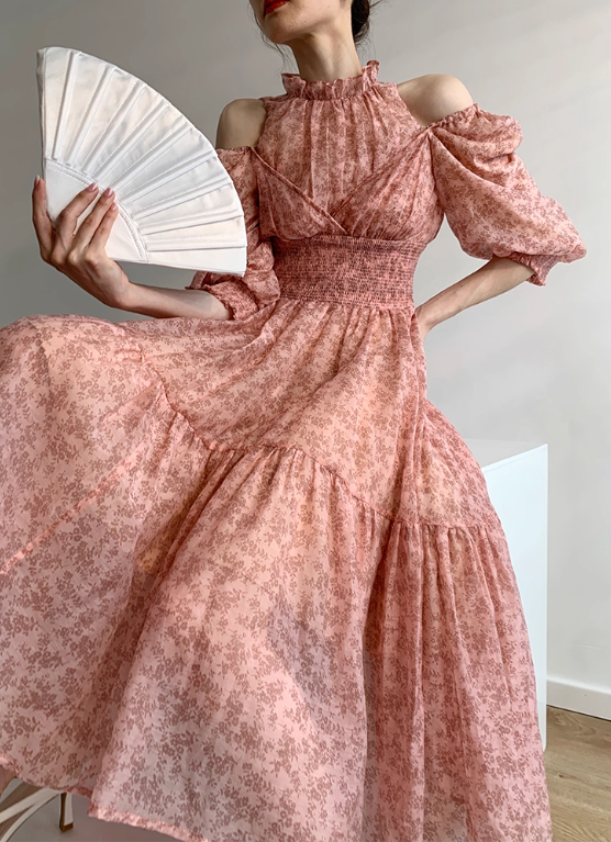 Pink A Line Puff Print Floral Chiffon Prom Dress Outfits SH4730