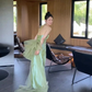 Green Sheath Halter Pleated Tulle Satin Open Back Prom Dress Evening Dress SH4209