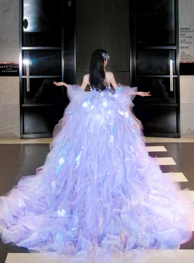 Purple Ball Gown Strapless Beaded Ruffle Tulle Long Sweep Prom Dress 16th Birthday Dress SH4650