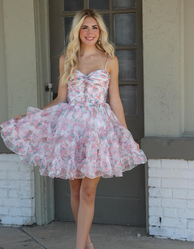 Sweety A Line Spaghetti Straps Print Pink Floral Organza Short Homecoming Dress SH6786