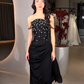 Sexy A Line Straps Exquisite Floral Beaded Black Chiffon Prom Dress Party Dress SH5338