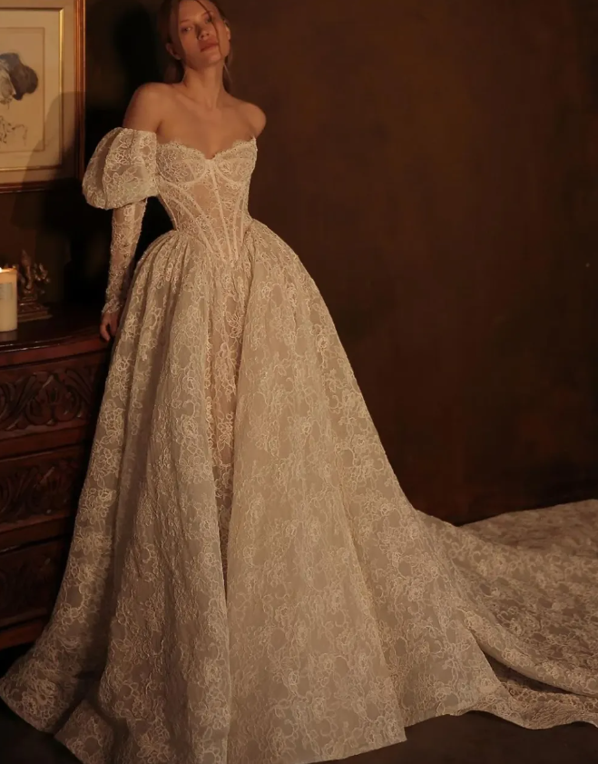 Princess Ball Gown Long Sleeve Corset White Lace Long Wedding Dress SH7360