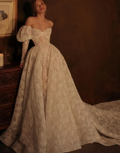 Princess Ball Gown Long Sleeve Corset White Lace Long Wedding Dress SH7360