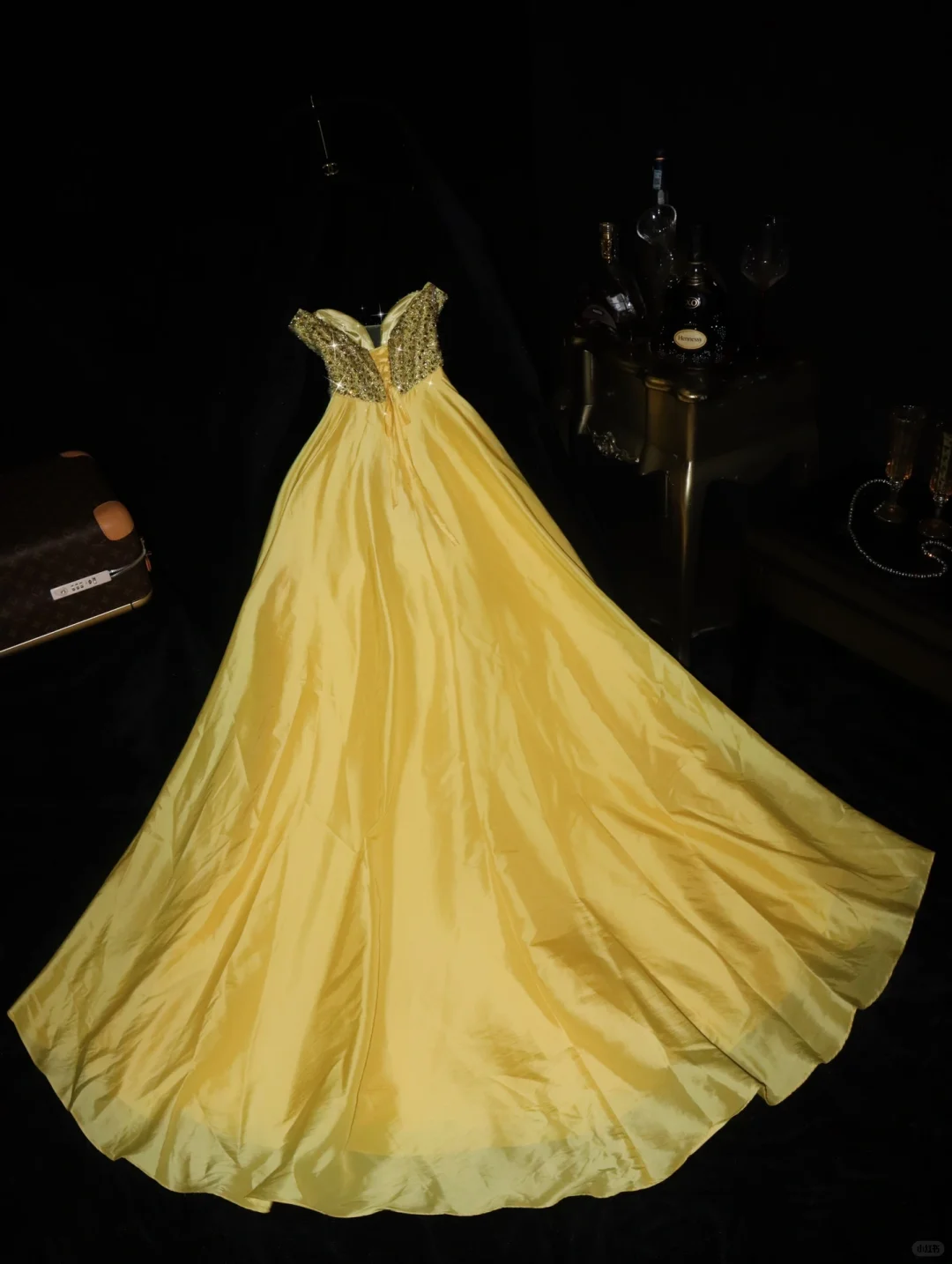 Yellow A Line Spaghetti Strap Beaded Sequin Satin Long Prom Dress Evening Dress SH3159