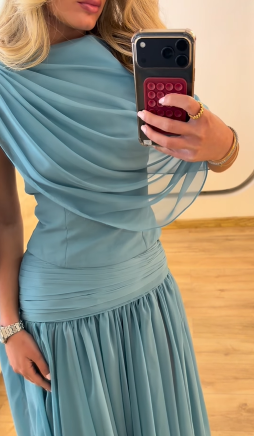 Lake Blue A Line Flowy Chiffon Long Prom Dress Party Evening Dress SH5705